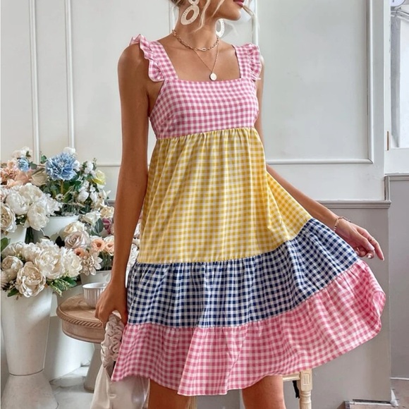 Classic Elegant Gingham Plaid Color Block Cami Dress - Picture 5 of 6